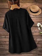 voordelige Overhemden-Dames Overhemden met linnenlook Blouse Overhemd van imitatie linnen Knop Effen Kleur Dagelijks Stijlvol Basic Halve mouw V-hals Normale tops Dagelijks blauw Zwart Geel Rood Paars Zomer Lente Herfst