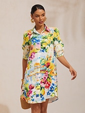 ieftine Rochii de Vacanță-Rochie tip cămașă dreaptă din satin mătăsos cu citrice de vacanță