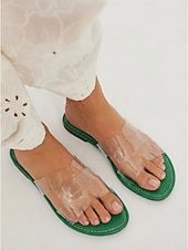 billiga Kvinnor-Färgglada gula strandtofflor för kvinnor - eleganta platta sandaler i genomskinlig PVC med H-remmar för tropiska semestrar och öresor &amp;sommarkläder vid poolen