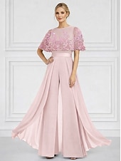abordables Monos de mamá-Traje de pantalón Hasta el Suelo Vestido formal Vestido de Madrina Manga Corta Cuello Barco Elegante Sencillo Embellecido Formal Invitado a la boda Iglesia Gasa con Cuentas Apliques