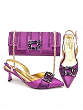 tanie Matka panny młodej/pana młodego-fioletowy satynowy zestaw damski z obcasem i pasującą torebką - elegancki zestaw z paskiem na pięcie, idealny dla matek wybierających się na miejskie wesela