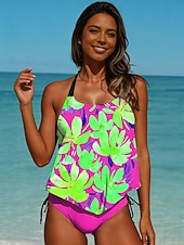 abordables Tankinis-Femmes Maillots de Bain Tankini 2 pièces Slips Maillot de bain Dos nu Vacances Tenues de plage Fleuri Graphique Col Halter Sans manches Maillots de bain