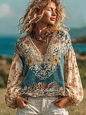 billiga Viktiga Falska Skjortor-Kvinnors Boho Blus Linne Likt Andningsbart Lättvikt Blommig Grafisk Elegant Bohemisk Vintage Långärmad V-ringad Vanliga Toppar Dagliga Helg Patchwork Knapptryck Blå Vit Rosa Ljust Blå Sommar