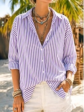 voordelige Overhemden-Dames Overhemd Overhemden met linnenlook Button-down overhemd Blouse Gestreept Stijlvol Klassiek Modern Lange mouw Revers Normale tops Dagelijks Feestdagen Uitgaan blauw Geel Blozend Roze Rood