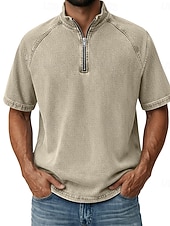 お買い得  ベーシックTシャツ-男性用 デニムシャツ コットン100% アシッドウォッシュシャツ ティートップ 半袖 スタンド ファスナー 秋冬 春 秋 平織り ヴィンテージ ストリートファッション カジュアル ジッパーを閉める 色褪せた ベーシック カジュアル 家 ストリート パープル メンズトップTシャツ