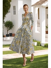  Linha A Longo Vestidos de cocktail Vestidos de festa Elegante Vintage Manga Longa Decote V Casamento Formal Bolsos Fibra Sintética com Laço(s) Fenda Bolsos