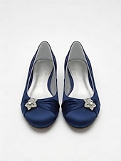 baratos Mãe da Noiva/Namorado-Sapatos de casamento para a mãe da noiva/do noivo, sapatilhas de cetim azul-marinho para mulheres, sapatos de casamento de salto baixo com detalhes em strass, sapatos de festa confortáveis.