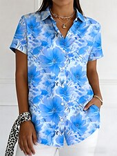 tanie Kwiatowe bluzki-Damskie Koszula Guziki Nadruk Kwiaty Graficzny Zabytkowe Elegancki Nowoczesny Krótki rękaw Kołnierzyk koszuli Zwykłe topy Codzienny Niebieski Czerwony Fioletowy Pomarańczowy Lato Wiosna