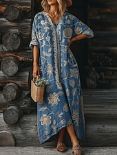 billige Etnisk Boho Kjole-Dame Maxikjole Boho-kjole Uformell kjole Print kjole Årgang utendørs Feriereise Helg Løstsittende Blomstret Grafisk Langermet V-hals Blå Vin Lilla Grønn Sommer Vår Høst