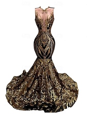 abordables Vestidos de Noche Sirena-Corte Trompeta Sirena Cola barrida Trajes de gala Vestidos de noche Corte Cenicienta Vestimenta formal Elegante Sin Mangas Escote de ilusión Carnaval Formal afroamericano Lentejuelas con Lentejuela