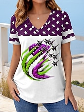  Ziua Independenței Americane Pentru femei Tricou Imprimeu Grafic Steag Stilat Clasic Casual Manșon scurt În V Topuri lungi Zilnic Albastru piscină Mov Trifoi Vară Primăvară