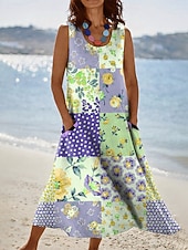 tanie Sukienki kwiatowe-Damskie Sukienka midi Sukienka letnia Sukienka A line Urlop Codzienny Boho Święto Luźna Kwiaty Graficzny Bez rękawów Dekolt w kształcie litery U Niebieski Żółty Rumiany róż Zielony Lato Wiosna