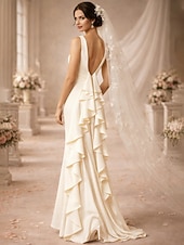 cheap Little White Dresses-Beach Wedding Hall Open Back Casual Wedding Dresses Sheath Scoop Neck Sleeveless Sweep / Brush Train Stretch Fabric Bridal Gowns With Draping