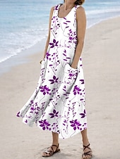 abordables Vestidos florales-Mujer Vestido Midi Vestido de verano Vestido de una línea Vacaciones Casual Boho Festivos Holgado Floral Graphic Sin Mangas Escote en U Azul Piscina Rojo Morado Verde Trébol Verano Primavera