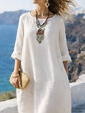 abordables Vestidos-Vestido largo de mujer 100% algodón, vestido recto de lino sintético, caftán, moda moderna, diario, vacaciones, salidas, corte holgado, liso, manga larga, cuello redondo, blanco, verano, primavera, otoño