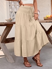 billige Vanlige skjørt-Dame Ferieskjørt Mote Fritid Midi Høy Midje Skjørt عادي Rynket Snorer Mikroelastisk Daglig Gate Kakifarget Sommer Nylon Viskose