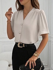 abordables Blusas Elegantes-Mujer Camisa Camisa con botones Camisa casual Botones Plano Elegante Clásico Moderno Manga Corta Escote en Pico Tops regulares Diario Festivos Noche Azul Piscina Negro Blanco Vino Albaricoque Verano