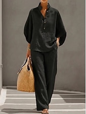 baratos Conjuntos Co-ord Falsos Essenciais-Mulheres Conjuntos de linho de algodão Manga 3/4 Colarinho Chinês Côr Sólida Diário Angustiado Casual Diário Preto Amarelo Vinho Verão Ajuste Largo