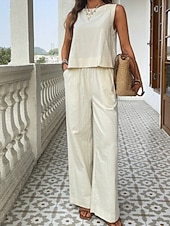 tanie Zestawy-Damskie Komplety lniane bawełniane Zestawy dwuczęściowe Zestawy spodni Bez rękawów Półgolf Równina Moda Moda miejska Codzienny Na zewnątrz Urlop Biały Żółty Khaki Lato Regularny