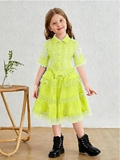 cheap Casual Dresses-2 Pieces Kids Girls' Solid Color Lace Dress Suits Set Short Sleeve Fashion Outdoor 4 years+ Summer Blue White Pink