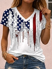  día de la independencia americana Mujer Camiseta Estampado Graphic Bandera Vintage Elegante Clásico Manga Corta Escote en Pico Tops regulares Diario Rojo óxido Negro Blanco Rojo Verano Primavera