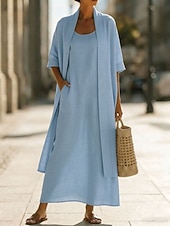 cheap Plain Dress-Women's Dress Set Shift Dress Elegant Plain Pocket Maxi Dress 3/4 Length Sleeve Crew Neck Daily Outdoor Blue White Pink Summer Spring Loose Fit
