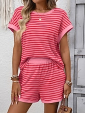 cheap Women's Blouse Suits-Women's Two Piece Sets Shorts Sets Short Sleeve Crew Neck Striped Fashion Streetwear Casual Daily Outdoor Black Pink Dark Pink Summer Regular Fit