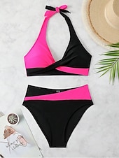 preiswerte Bikini-Sets-Damen Badeanzug Bikini Zweiteilig Hohe Taillenlinie Bademode Gerafft Rückenfrei Urlaub Strandbekleidung Leopard Farbblock Neckholder Ärmellos Badeanzüge