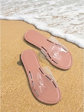 billiga Kvinnor-Färgglada gula strandtofflor för kvinnor - eleganta platta sandaler i genomskinlig PVC med H-remmar för tropiska semestrar och öresor &amp;sommarkläder vid poolen