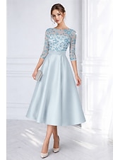 economico Abiti da cocktail-Linea ad A Lunghezza Tè Perline ricamate Abito Formale Abito da madre della sposa Abiti da Cocktail Abiti per invitati a matrimoni Elegante Pastello Manica 3/4 Scollo a Barca Formale Cocktail party