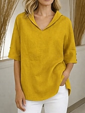 preiswerte Wesentliche Falsche Hemden-Damen Bluse Hemd aus Leinenimitat Einfach Stilvoll Lässig Dreiviertelarm V Ausschnitt Normale Oberteile Täglich Blau Schwarz Weiß Gelb Orange Sommer Frühling Herbst