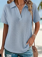  Mujer Camiseta Camisetas polo Tops de punto gofre Camiseta superior Plano Moda Elegante Básico Manga Corta Cuello Camisero Tops regulares Diario Noche Fin de semana Azul Piscina Negro Blanco Naranja