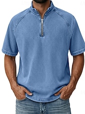 お買い得  ベーシックTシャツ-男性用 デニムシャツ コットン100% アシッドウォッシュシャツ ティートップ 半袖 スタンド ファスナー 秋冬 春 秋 平織り ヴィンテージ ストリートファッション カジュアル ジッパーを閉める 色褪せた ベーシック カジュアル 家 ストリート パープル メンズトップTシャツ