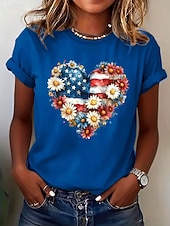 Dia da Independência Americana Mulheres Camiseta Imprimir Coração Gráfico Vintage à moda Clássico Manga Curta Gola Redonda Tops longos Diário Azul Preto Branco Vermelho Verão Primavera