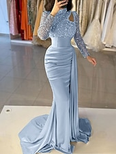 billiga Ballgowns för kvällsbruk-Sjöjungfru trumpet Svepsläp Telång Kvälls klänningar Balklänning med överkjol Formell klädsel Elegant Sidoslits Silkig Långärmad Hög hals Formell Satäng Paljetter med Pärldetaljer Paljett
