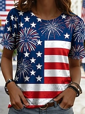  Dia da Independência Americana Mulheres Camiseta T-shirt Imprimir Gráfico Bandeira à moda Clássico Casual Manga Curta Gola Redonda Tops regulares Diário Para Noite Final de semana Azul Azul Real