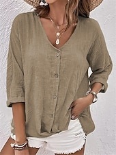 economico Bluse e camicie-Per donna Camicia Blusa Arricciato Bottoni Semplice Elegante Vacanza Vintage Manica Lunga Scollo a V Top Regolari Quotidiano Ferie Uscire Blu Rosa Verde Cachi Estate Primavera