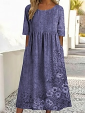  女性用 ミディドレス カジュアルドレス プリントドレス ヴィンテージ アウトドア バケーション お出かけ ルーズフィット フラワー グラフィック ハーフスリーブ クルーネック ブルー イエロー パープル グリーン 夏 春