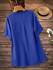 voordelige Overhemden-Dames Overhemden met linnenlook Blouse Overhemd van imitatie linnen Knop Effen Kleur Dagelijks Stijlvol Basic Halve mouw V-hals Normale tops Dagelijks blauw Zwart Geel Rood Paars Zomer Lente Herfst