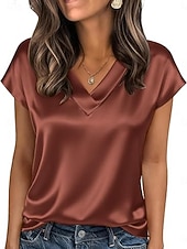 voordelige Effen t-shirt-Dames satijnen top T-shirt Effen Elegant Modieus Stijlvol Korte mouw V-hals Normale tops Dagelijks Uitgaan Weekend Champagne Goud Wijn Rood Koffie Zomer Lente