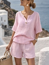 baratos Conjuntos Co-ord Falsos Essenciais-Conjunto feminino de shorts em linho sintético com estampa de algodão, manga 3/4, decote em V, cor sólida, estilo streetwear, casual, para uso diário, em tons de azul, branco e rosa, ideal para o