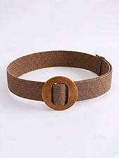 abordables Accesorios de vacaciones-Cinturón tejido bohemio para mujer con hebilla de madera vintage, cinturón de malla de paja para vestir, ideal para vacaciones de verano en la playa y uso diario informal, disponible en varios colores.