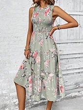 tanie Sukienki kwiatowe na co dzień-Damskie Sukienka midi Codzienne sukienki Sukienka A line Sukienka w kwiatki Elegancja Moda Nowoczesny Na zewnątrz Urlop Wyjściowe Regularny Kwiaty Bez rękawów Półgolf Niebieski Biały Rumiany róż Lato