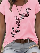 cheap Floral tee-Women's T Shirt Print Floral Graphic Stylish Classic Casual Short Sleeve Crew Neck Round Neck Regular Tops Daily Blue White Pink Gray Summer Spring