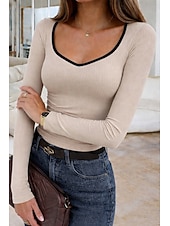 billige Plain t-skjorte-Dame Ribbelte strikkede topper T skjorte Slim fit topp Kontrastfarger Elegant Stilfull Fritid Langermet Klokke Ermer V-hals Vanlige topper Daglig Ut på byen Vin Navyblå Aprikos kaffe Vår Høst