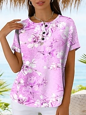 billige Blomster t-skjorte-Dame Waffle T Skjorte Trykk Blomstergrafikk Vintage Stilfull Klassisk Kortermet Rundhals Regulære Topper Daglig Blå Rosa Lilla Grønn Sommer Vår