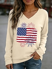  Mujer Camiseta Camiseta superior Estampado Graphic Bandera estadounidense Vintage Elegante Clásico Manga Larga Escote en Pico Tops regulares Diario Noche Fin de semana Blanco Rojo Azul Marino Caqui