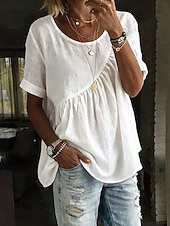 voordelige Overhemden-Dames Blouse Katoenen shirt Met ruches Effen Kleur Dagelijks Stijlvol Basic Korte mouw Strakke ronde hals Normale tops Dagelijks blauw Wit Geel Blozend Roze Groen Zomer Lente Herfst