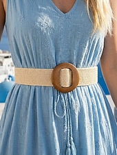 abordables Accesorios de vacaciones-Cinturón tejido bohemio para mujer con hebilla de madera vintage, cinturón de malla de paja para vestir, ideal para vacaciones de verano en la playa y uso diario informal, disponible en varios colores.