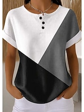 abordables T-shirt rayé et géométrique-Tops en tricot texturé en gaufre pour femmes T-shirt dégradé graphique géométrique élégant classique à manches courtes col rond Henley hauts réguliers sports quotidiens noir et blanc vert clair kaki